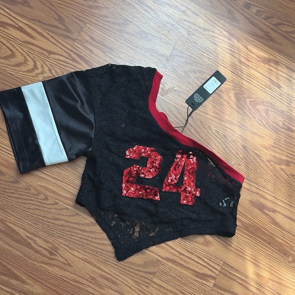 Girls Black Lace Off-Shoulder Top with Red Sequin '24'